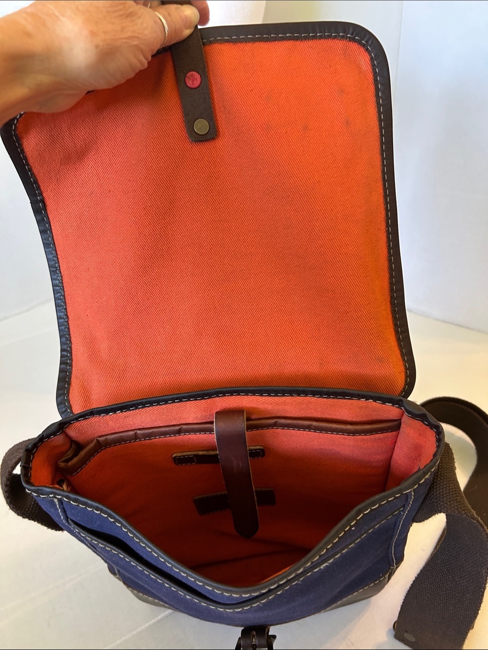 COLE HAAN BLUE CANVAS AND BROWN LEATHER  CARRY SATCHEL /MESSENGER BAG - Picture 6 of 16